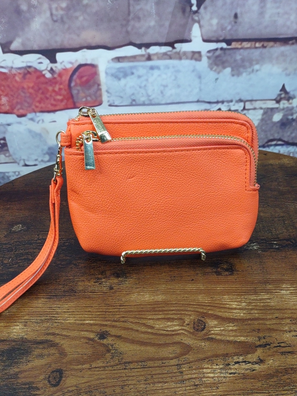 Orange Faux Leather Wristlet